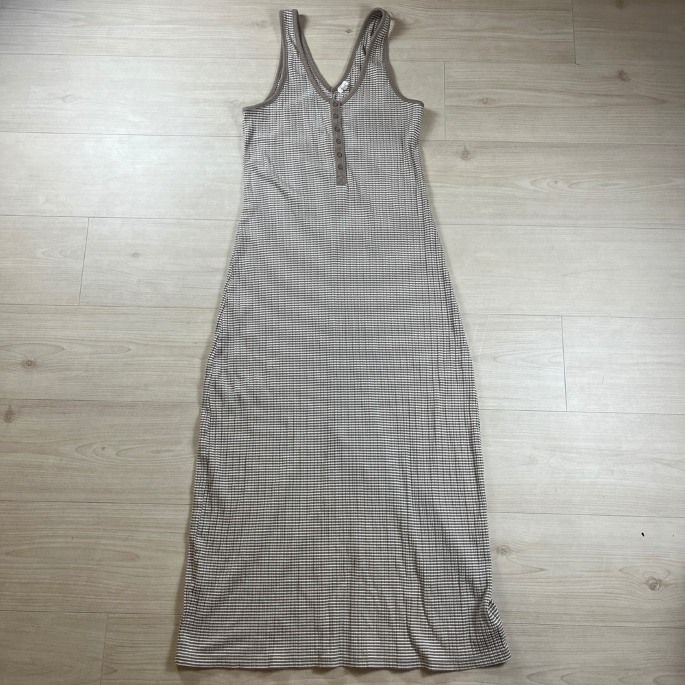 Aerie Tan White Striped Ribbed Henley Maxi Dress Sleeveless Slit Size L